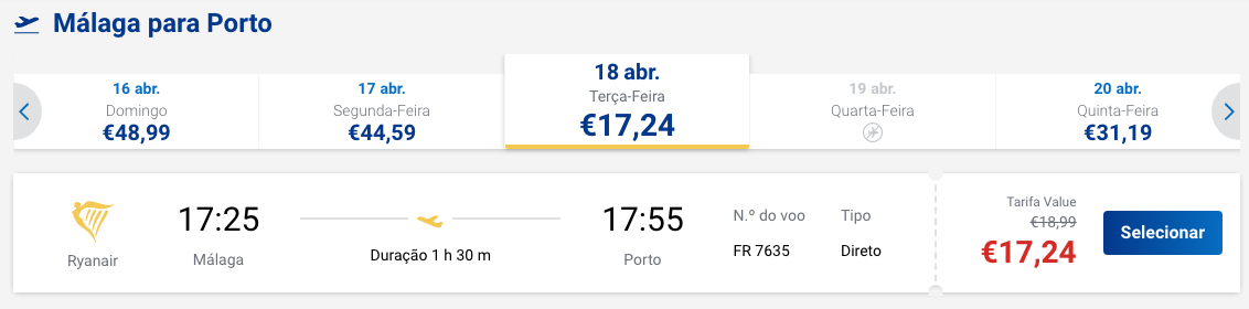 voo málaga para porto pela ryanair