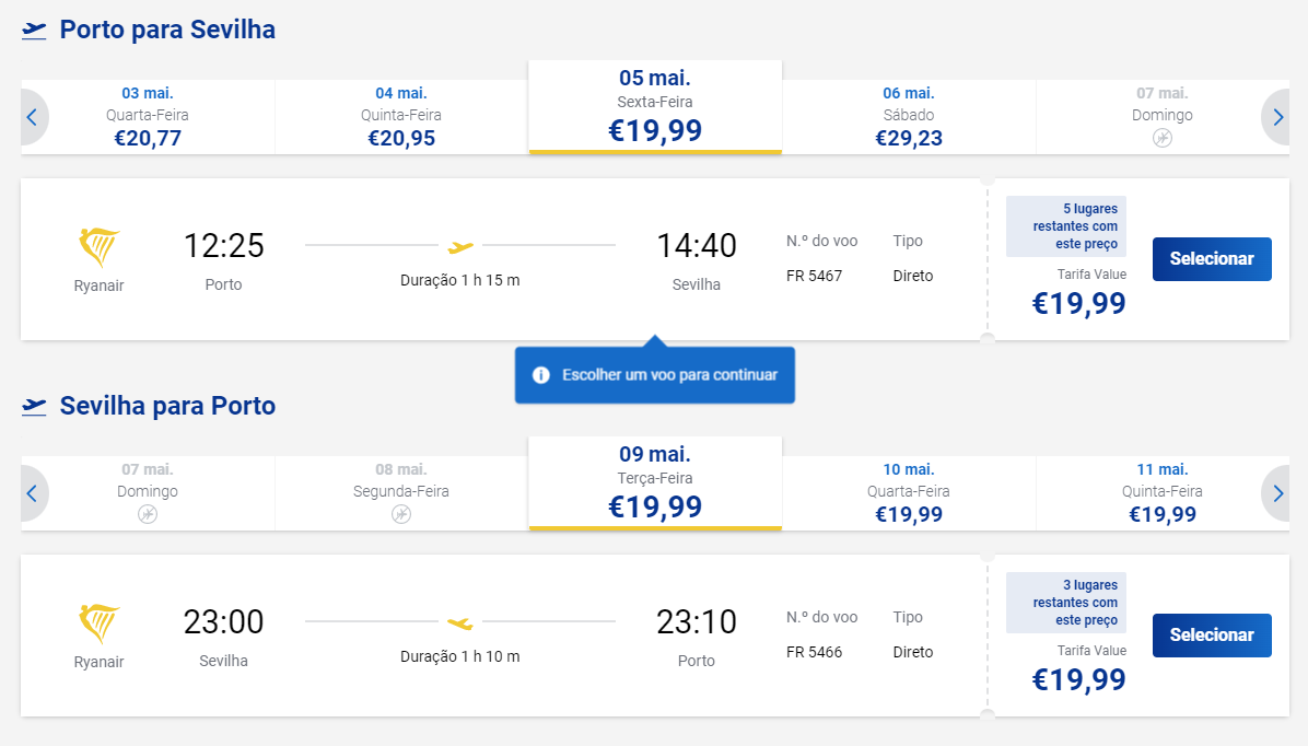 Datas e Preço para Viagem entre Porto e Sevilha