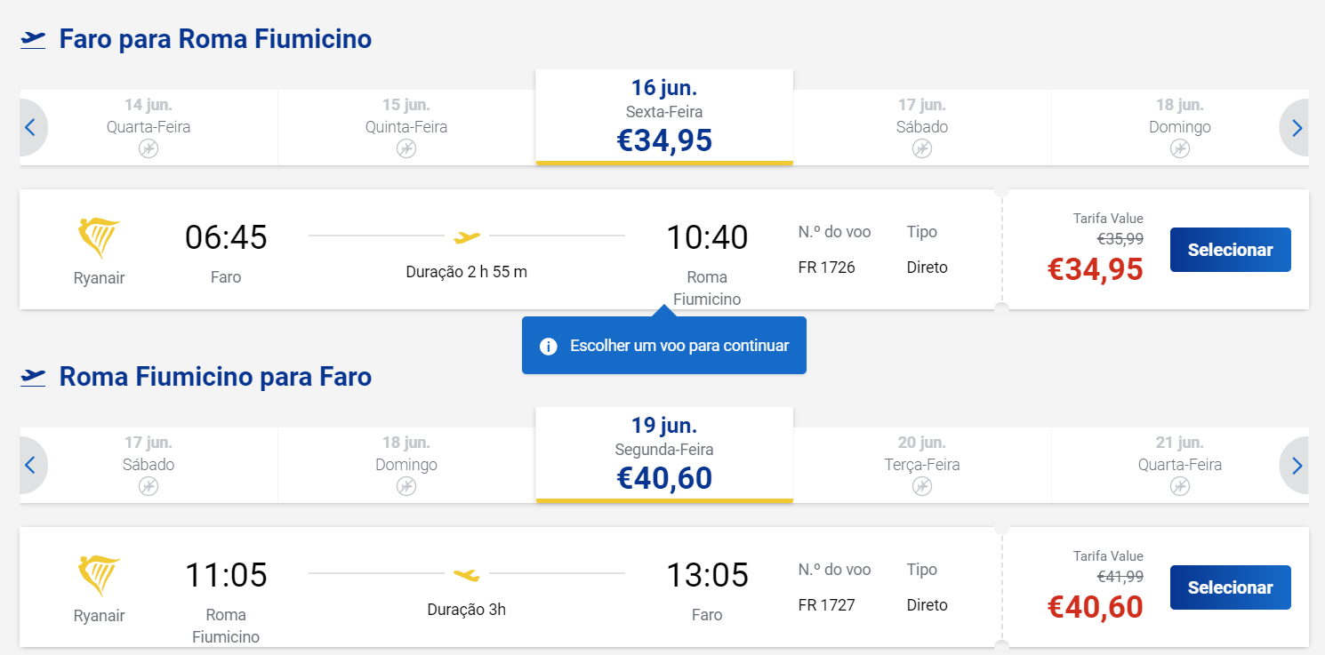 voo ida e volta entre faro e roma pela ryanair